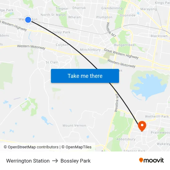 Werrington Station to Bossley Park map
