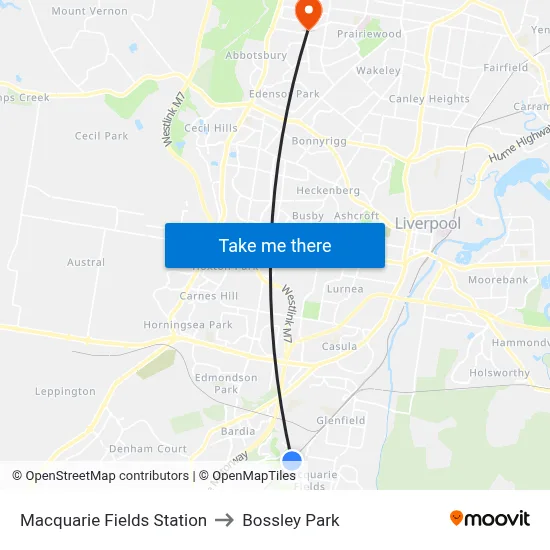 Macquarie Fields Station to Bossley Park map