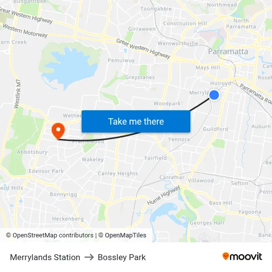 Merrylands Station to Bossley Park map