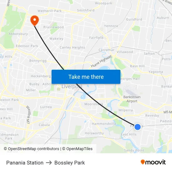 Panania Station to Bossley Park map
