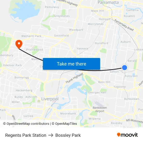 Regents Park Station to Bossley Park map