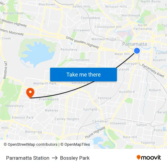 Parramatta Station to Bossley Park map