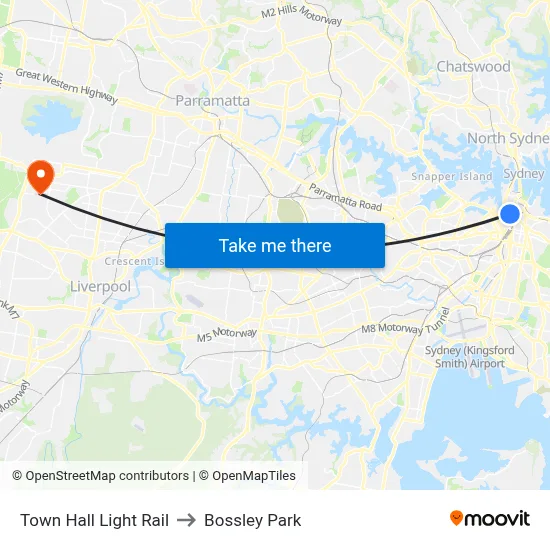 Town Hall Light Rail to Bossley Park map