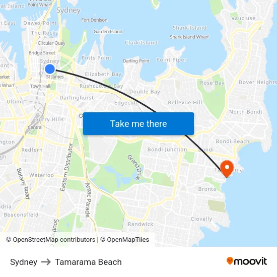 Sydney to Tamarama Beach map
