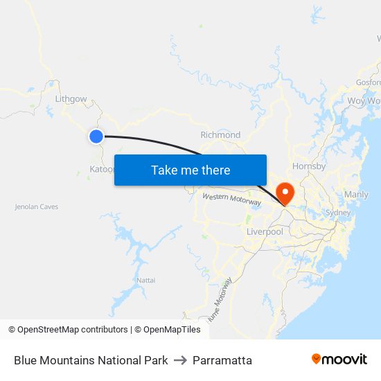 Blue Mountains National Park to Parramatta map