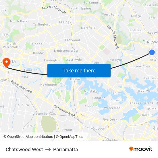Chatswood West to Parramatta map