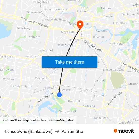 Lansdowne (Bankstown) to Parramatta map