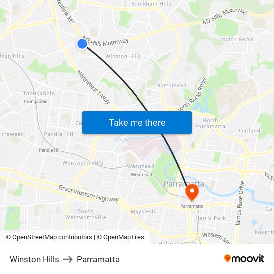 Winston Hills to Parramatta map
