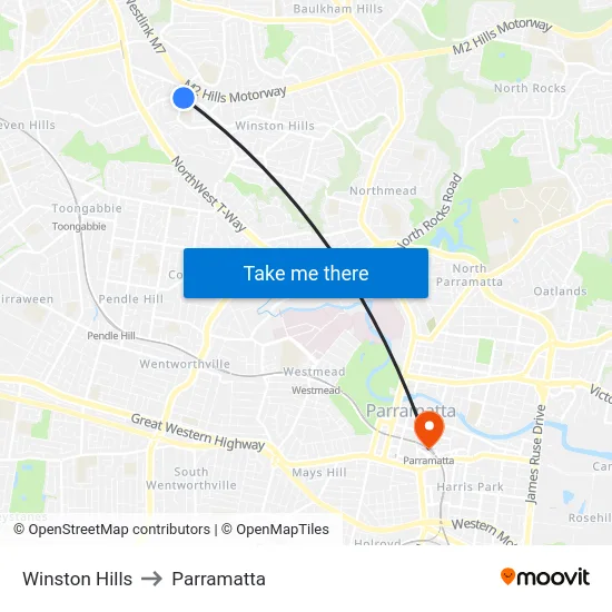 Winston Hills to Parramatta map