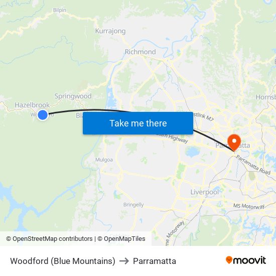 Woodford (Blue Mountains) to Parramatta map