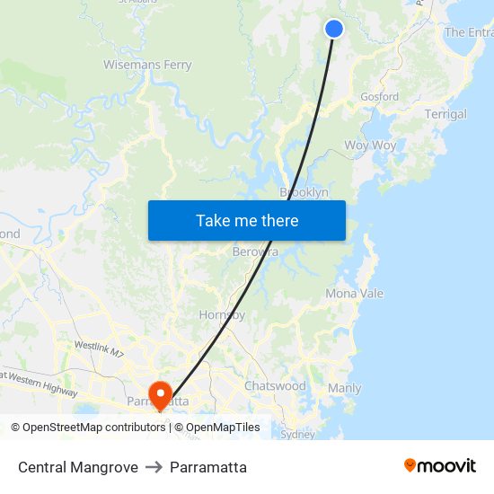 Central Mangrove to Parramatta map