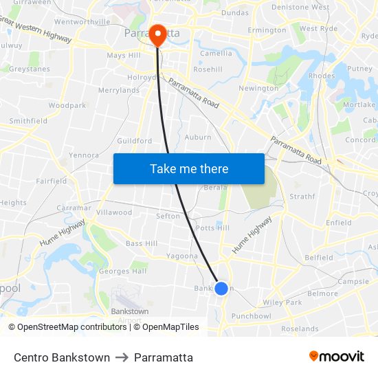 Centro Bankstown to Parramatta map