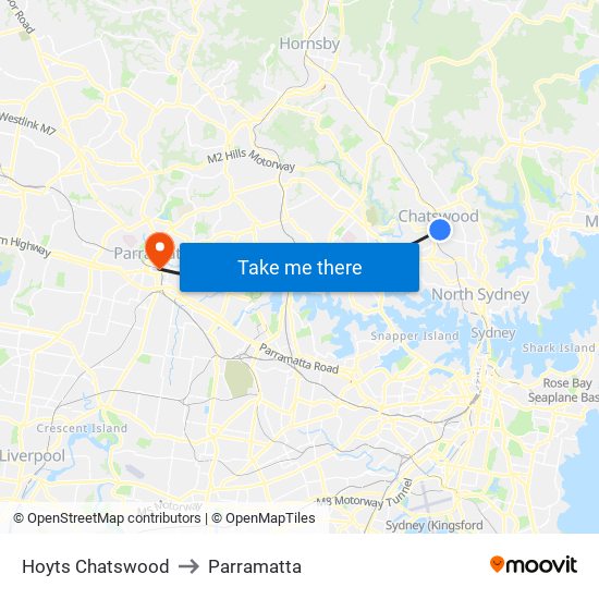 Hoyts Chatswood to Parramatta map