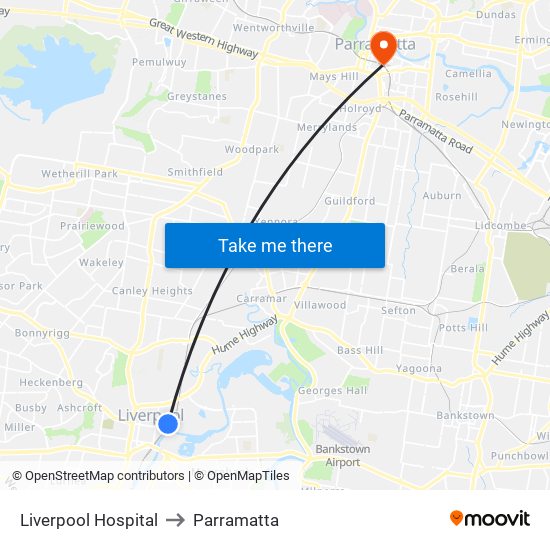 Liverpool Hospital to Parramatta map