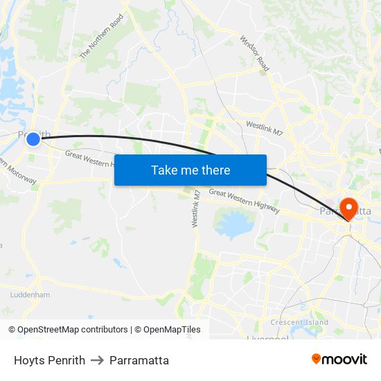 Hoyts Penrith to Parramatta map