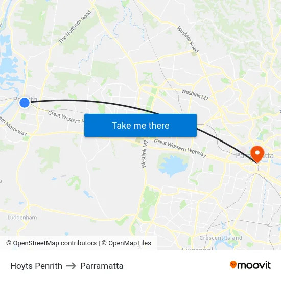 Hoyts Penrith to Parramatta map