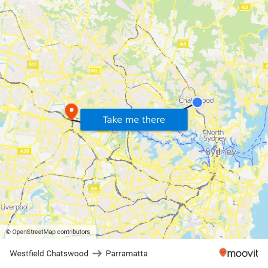 Westfield Chatswood to Parramatta map