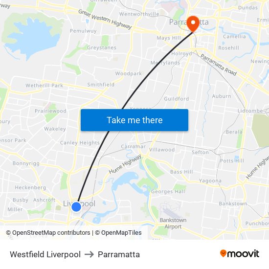 Westfield Liverpool to Parramatta map