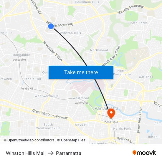 Winston Hills Mall to Parramatta map
