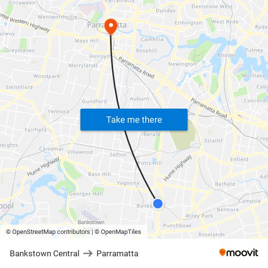 Bankstown Central to Parramatta map