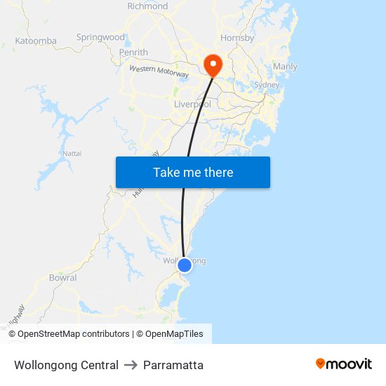 Wollongong Central to Parramatta map