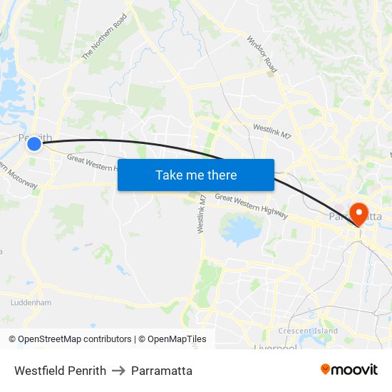 Westfield Penrith to Parramatta map