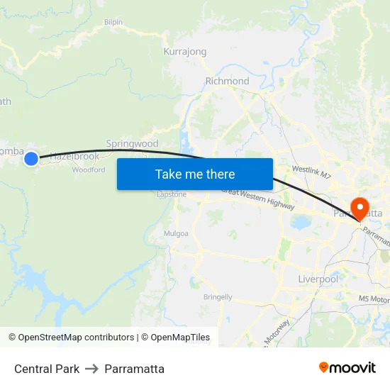 Central Park to Parramatta map