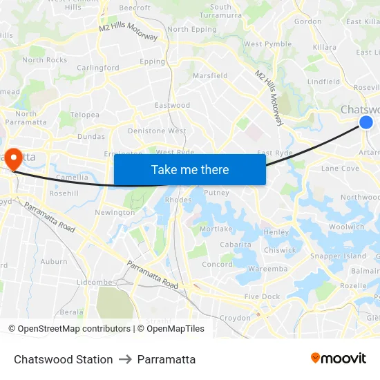 Chatswood Station to Parramatta map