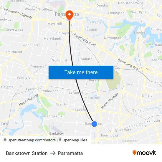 Bankstown Station to Parramatta map