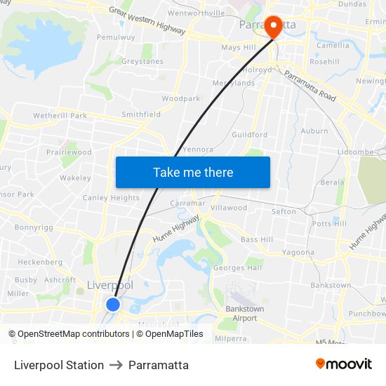 Liverpool Station to Parramatta map