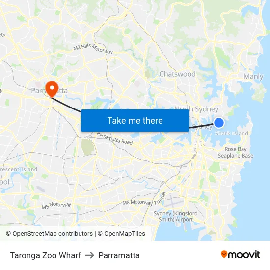 Taronga Zoo Wharf to Parramatta map