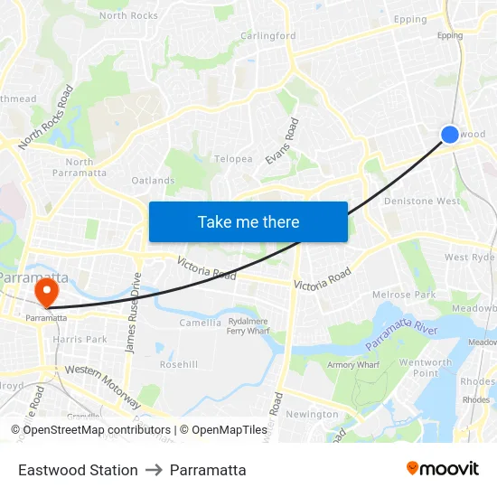 Eastwood Station to Parramatta map