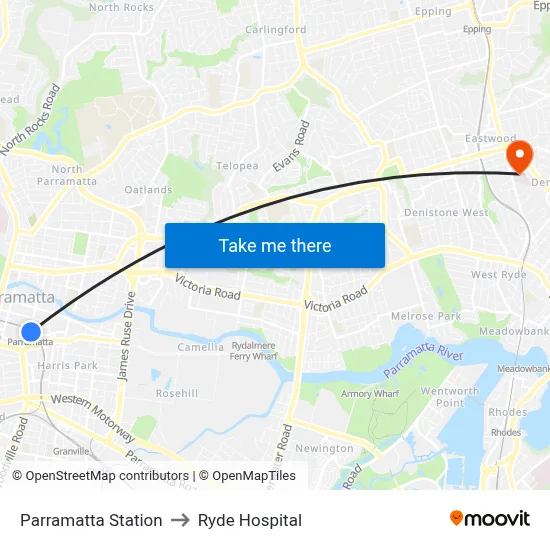 Parramatta Station to Ryde Hospital map