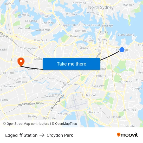 Edgecliff Station to Croydon Park map