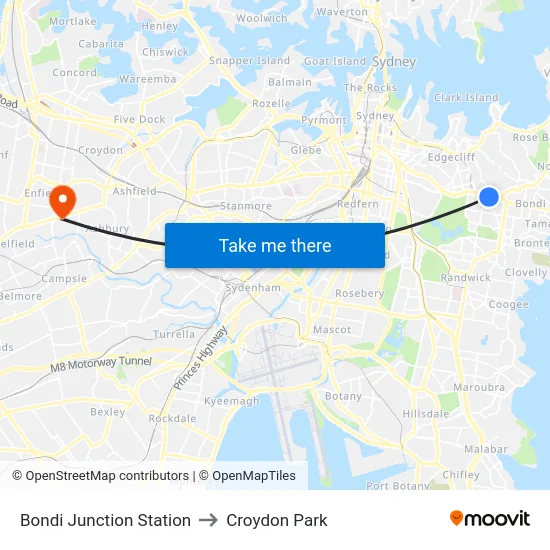 Bondi Junction Station to Croydon Park map