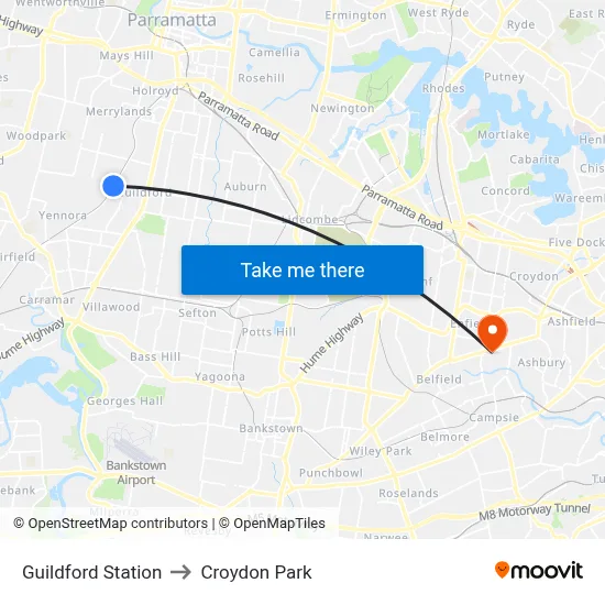 Guildford Station to Croydon Park map