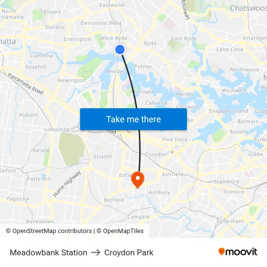 Meadowbank Station to Croydon Park map