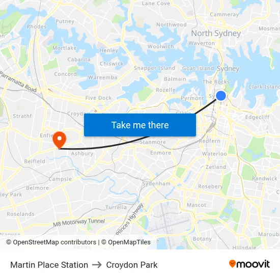 Martin Place Station to Croydon Park map