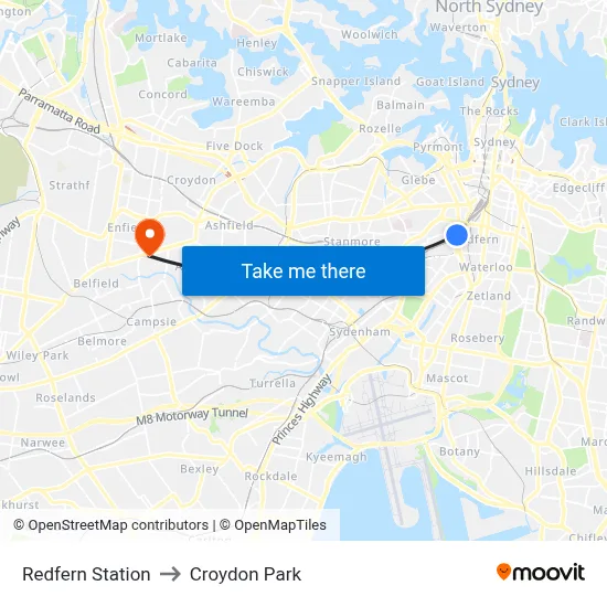 Redfern Station to Croydon Park map