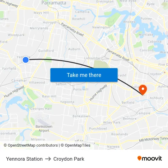 Yennora Station to Croydon Park map