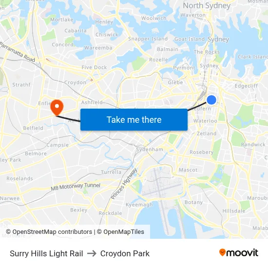 Surry Hills Light Rail to Croydon Park map