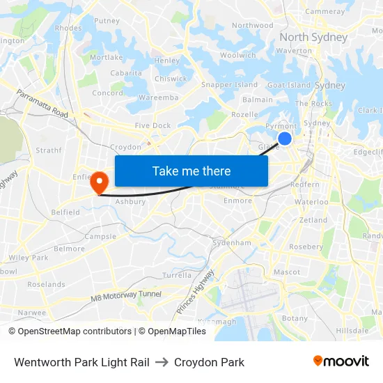 Wentworth Park Light Rail to Croydon Park map
