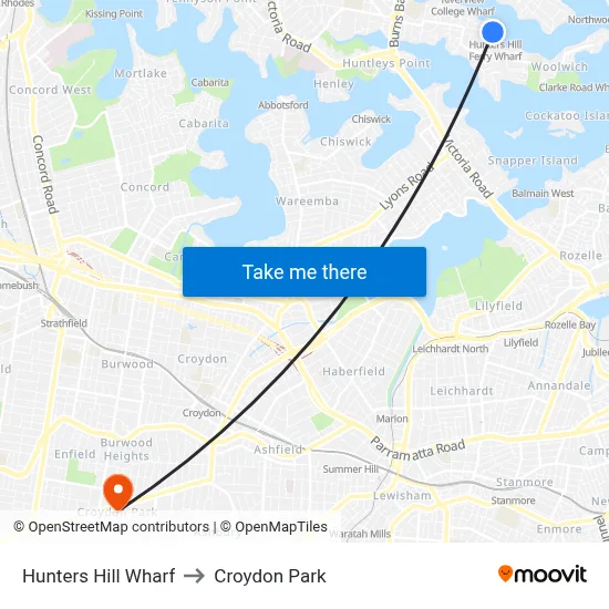 Hunters Hill Wharf to Croydon Park map