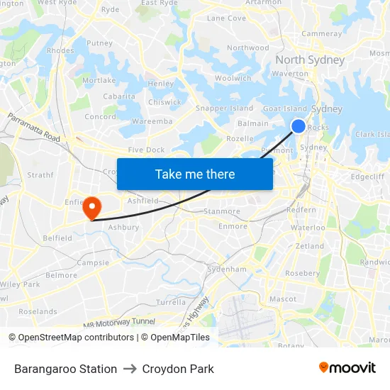 Barangaroo Station to Croydon Park map