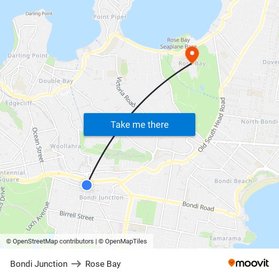 Bondi Junction to Rose Bay map