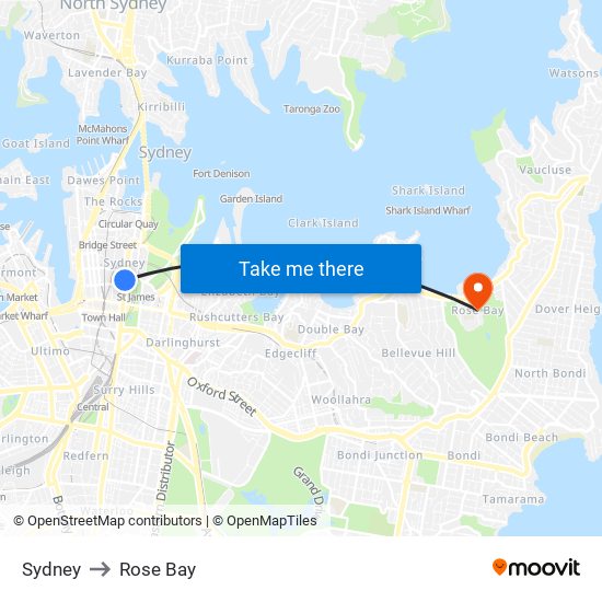 Sydney to Rose Bay map