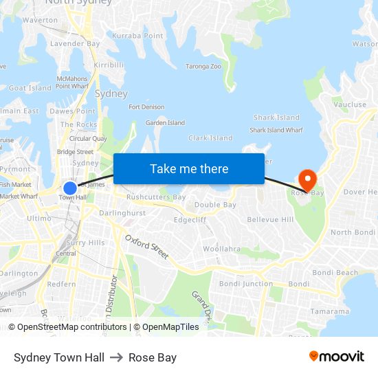 Sydney Town Hall to Rose Bay map