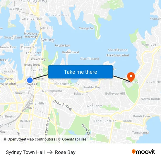 Sydney Town Hall to Rose Bay map