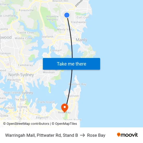 Warringah Mall, Pittwater Rd, Stand B to Rose Bay map