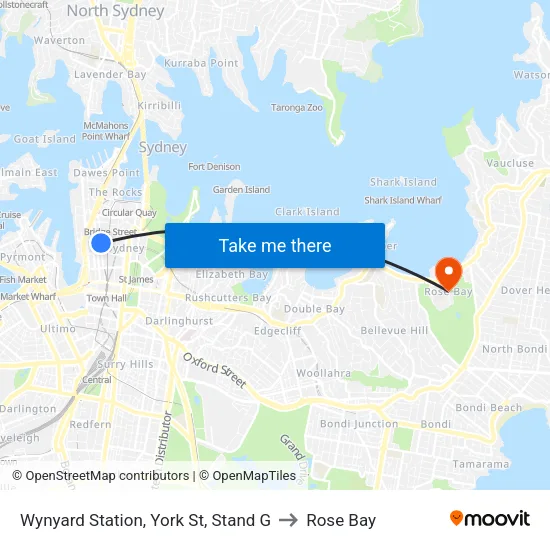 Wynyard Station, York St, Stand G to Rose Bay map